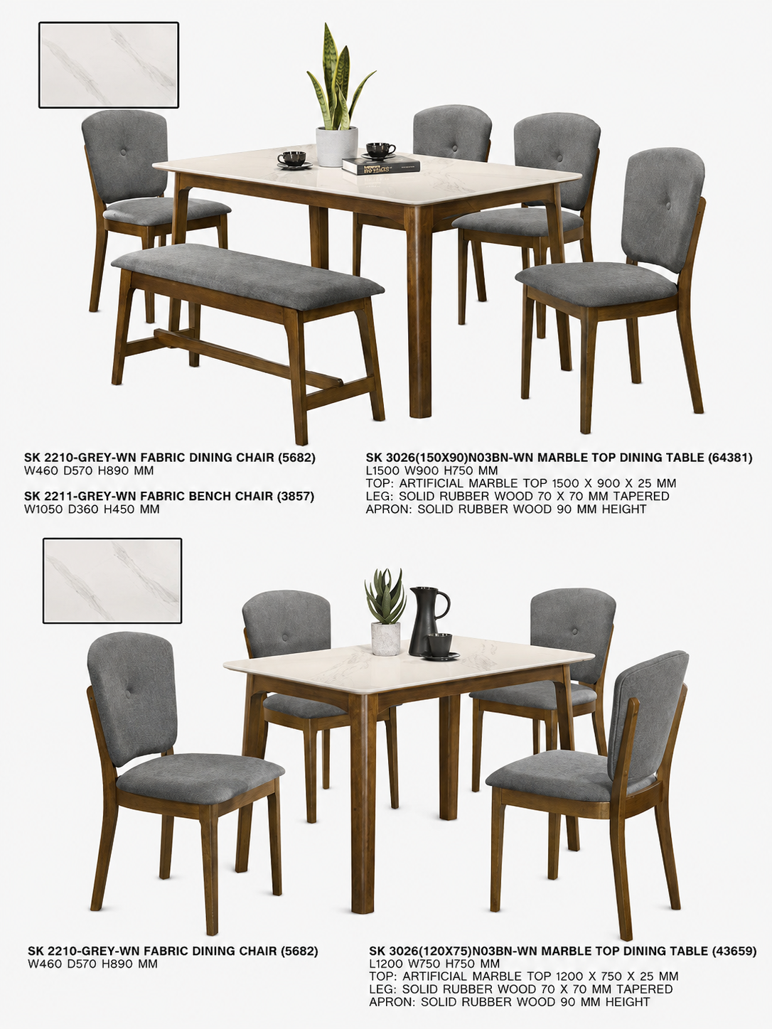 Avant Marble Dining Set (SK3026 Table, SK2210 Chair, SK2211 Bench)